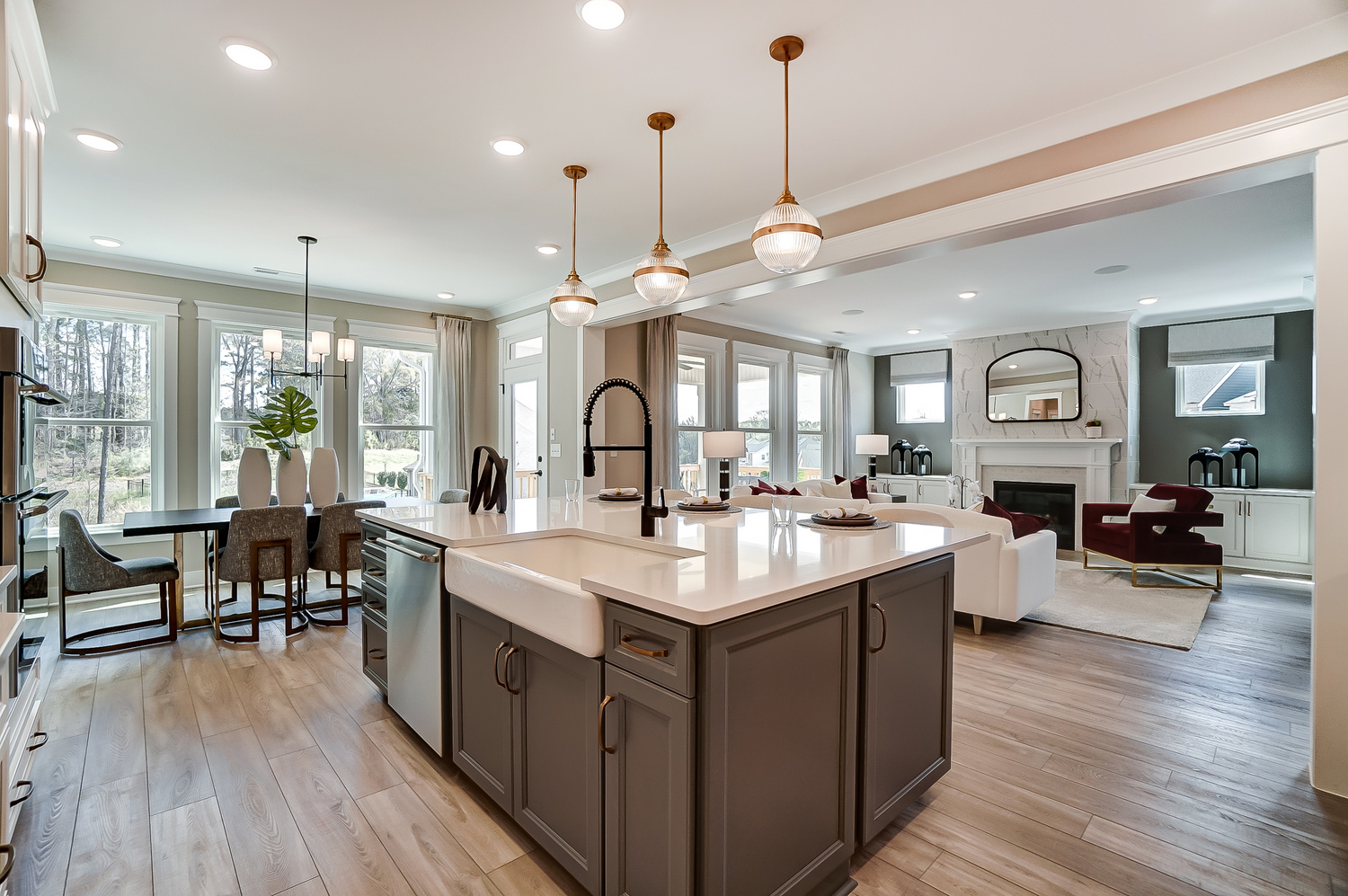 luxury kitchen with black and bronze hardware